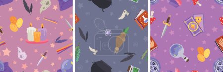Illustration for Collage with many different magic attributes for witchcraft on color background. Pattern for design - Royalty Free Image