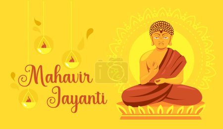 Téléchargez les illustrations : Bannière pour Mahavir Jayanti avec Bouddha méditant - en licence libre de droit