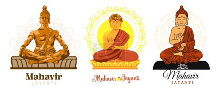Ilustración de Conjunto de Budas meditantes sobre fondo blanco. Mahavir Jayanti - Imagen libre de derechos
