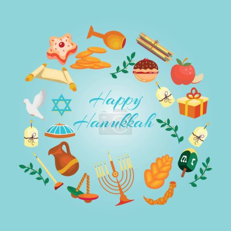Téléchargez les illustrations : Bannière pour Happy Hanukkah sur fond bleu clair - en licence libre de droit