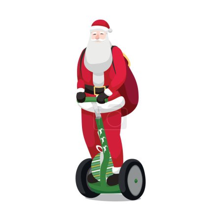 Illustration for Santa Claus with gifts and modern gyroscooter on white background - Royalty Free Image