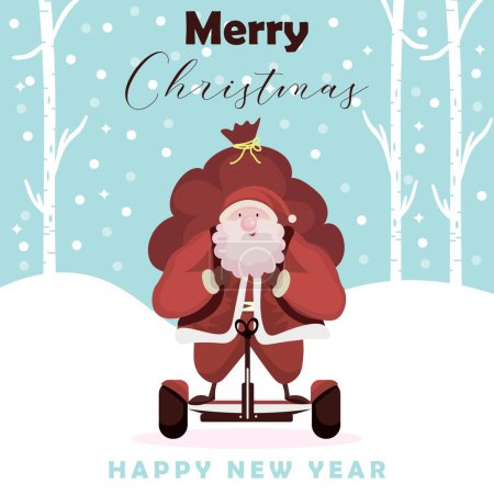 Illustration for Greeting card for Merry Christmas and Happy New Year with Santa Claus on modern gyroscooter - Royalty Free Image