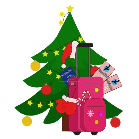Illustration for Christmas tree with suitcase, tickets and passport on white background - Royalty Free Image