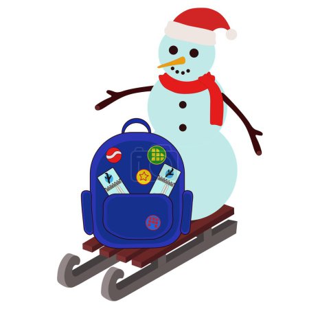 Illustration for Snowman with sledge and backpack on white background - Royalty Free Image