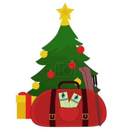 Illustration for Christmas tree with packed suitcase and tickets on white background - Royalty Free Image