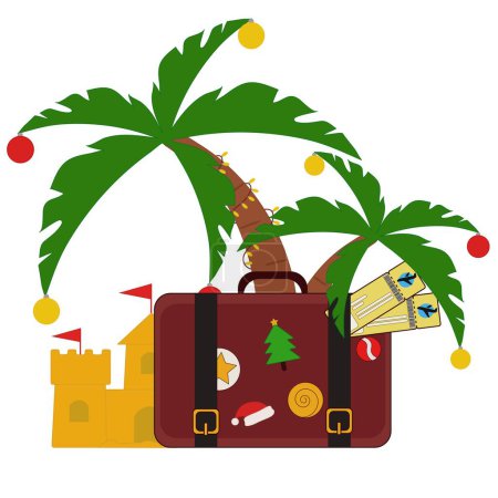 Illustration for Suitcase with tickets, palms and sand castle on white background - Royalty Free Image