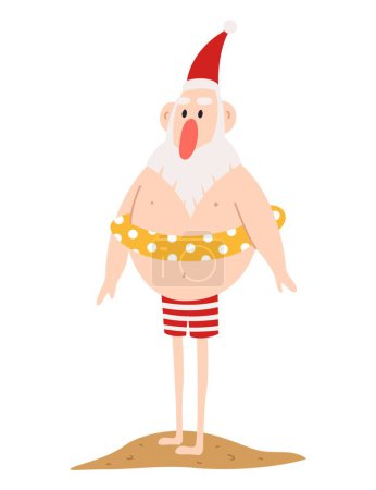 Illustration for Funny Santa Claus with swimming ring on white background. Christmas vacation - Royalty Free Image