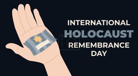Illustration for Banner for International Holocaust Remembrance Day with hand holding piece of uniform of concentration camp prisoner on dark background - Royalty Free Image