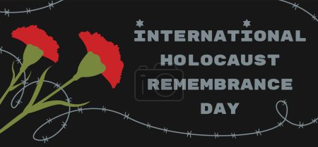 Illustration for Banner for International Holocaust Remembrance Day with flowers and barbed wire on dark background - Royalty Free Image