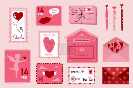 Illustration for Set of envelopes, postage stamps, mailbox and pens on pink background. Valentine's Day celebration - Royalty Free Image