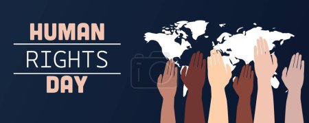 Téléchargez les illustrations : Bannière de sensibilisation pour la Journée des droits de l'homme avec de nombreuses mains et carte du monde - en licence libre de droit