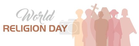 Téléchargez les illustrations : Bannière pour la Journée mondiale de la religion avec des silhouettes de différentes personnes - en licence libre de droit