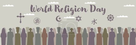 Téléchargez les illustrations : Bannière pour la Journée mondiale de la religion avec des silhouettes de nombreuses personnes différentes - en licence libre de droit