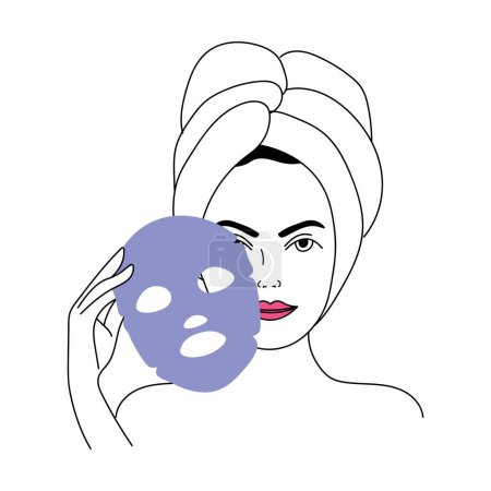 Ilustración de Young woman applying cosmetic mask on her face against white background - Imagen libre de derechos