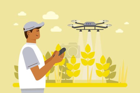 Illustration for Male farmer with agricultural drone spraying fields - Royalty Free Image
