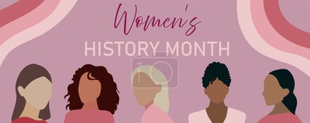 Illustration for Celebrating diversity and empowerment during Women's History Month with a graphic featuring multicultural female silhouettes and thematic text - Royalty Free Image