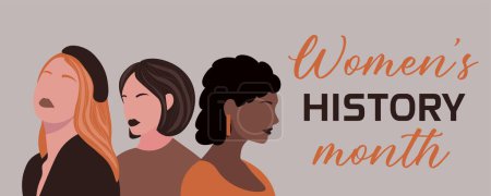 Illustration for Celebrating diversity and empowerment with a Women's History Month banner featuring multiethnic female profiles - Royalty Free Image