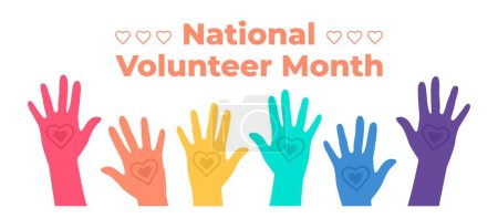 Illustration for Many colorful hands and text NATIONAL VOLUNTEER MONTH on white background - Royalty Free Image