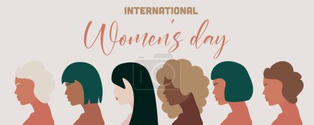 Illustration for Greeting banner for March 8 with many multiracial women on grey background. International Women Day celebration - Royalty Free Image