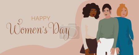 Illustration for Greeting banner for March 8 with multiracial women on beige background. International Women Day celebration - Royalty Free Image