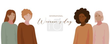 Illustration for Greeting banner for March 8 with multiracial women on white background. International Women Day celebration - Royalty Free Image