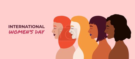 Illustration for Greeting banner for March 8 with different women on pink background. International Women Day celebration - Royalty Free Image