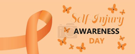 Illustration for Banner for Self-Injury Awareness Day with orange ribbon and butterflies - Royalty Free Image