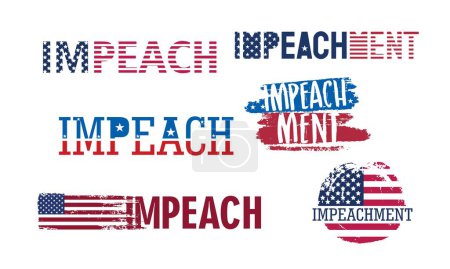 Ilustración de Conjunto de palabras IMPEACH e IMPEACHMENT en colores de bandera de USA sobre fondo blanco - Imagen libre de derechos