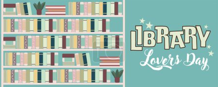 Illustration for Banner for Library Lovers Day with drawn book shelves - Royalty Free Image