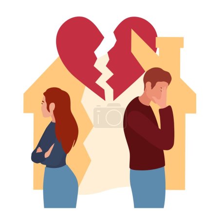 Quarreled couple and broken heart on white background. Concept of divorce