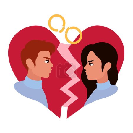 Quarreled couple, rings and broken heart on white background. Concept of divorce