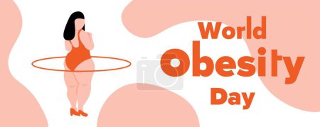 Banner for World Obesity Day with drawn stout woman training with hula hoop
