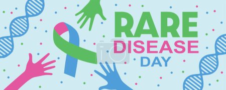 Banner for Rare Disease Day with human hands, DNA and awareness ribbon