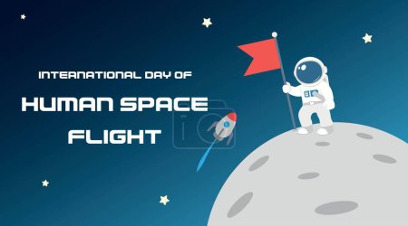 Banner para el Día Internacional del Vuelo Espacial Humano con astronauta en la Luna