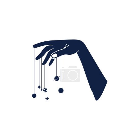 Illustration for Drawn hand of puppeteer with planets and stars on white background. Astrology concept - Royalty Free Image