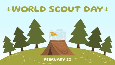 Banner for World Scout Day with camping hat in forest