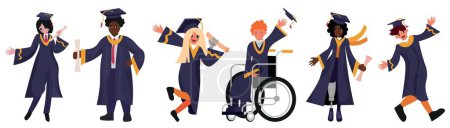 Illustration for Set of graduating students with and without disability on white background - Royalty Free Image