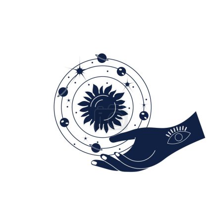 Drawn hand and solar system on white background. Astrology concept