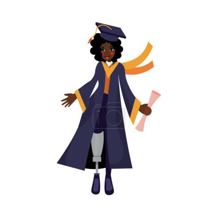 Illustration for Female African-American graduating student with prosthetic leg on white background - Royalty Free Image