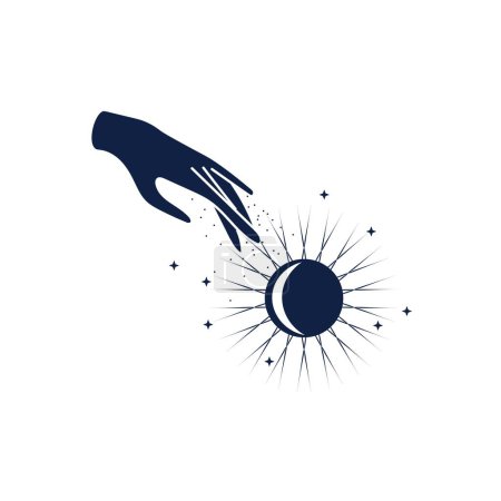 Drawn hand, Sun and stars on white background. Astrology concept