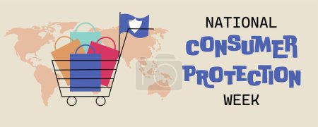 Banner for National Consumer Protection Week with cute shopping bags in push cart