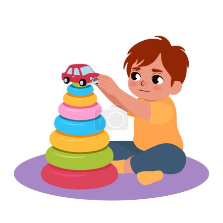 Ilustración de Niño pequeño con trastorno autista jugando con juguetes sobre fondo blanco - Imagen libre de derechos