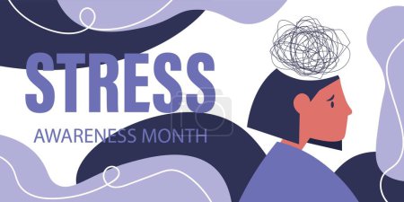 Illustration for Banner for Stress Awareness Month with sad woman - Royalty Free Image