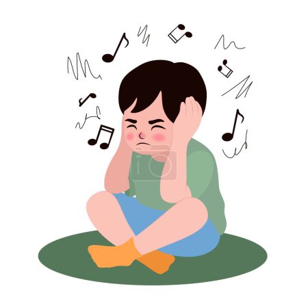 Ilustración de Niño estresado cubriendo las orejas debido al ruido fuerte en el fondo blanco - Imagen libre de derechos
