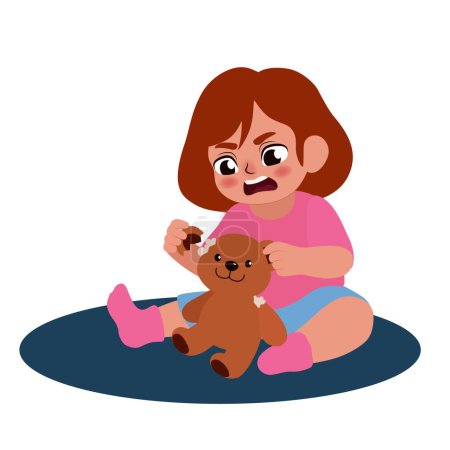 Ilustración de Niña enojada con trastorno autista jugando con oso de peluche sobre fondo blanco - Imagen libre de derechos
