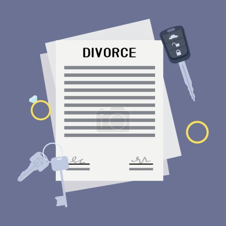 Certificado de divorcio, llaves y anillos de boda sobre fondo lila