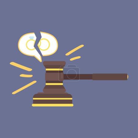 Judge's gavel and wedding rings on lilac background. Concept of divorce