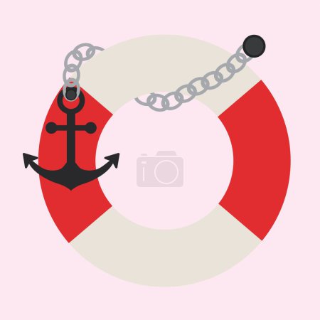 Lifebuoy and anchor on pink background