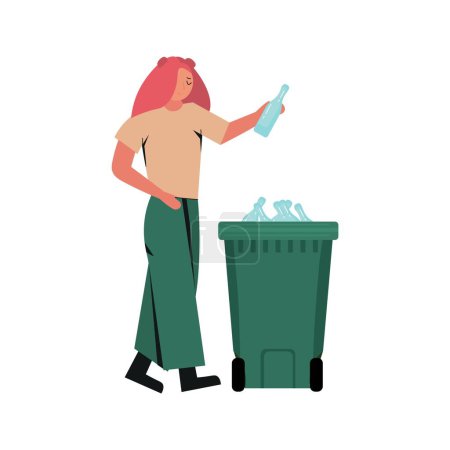 Ilustración de Mujer dibujada voluntaria poniendo botella de vidrio en contenedor de residuos sobre fondo blanco - Imagen libre de derechos