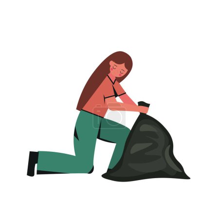 Ilustración de Mujer voluntaria dibujada con bolsa de basura sobre fondo blanco - Imagen libre de derechos